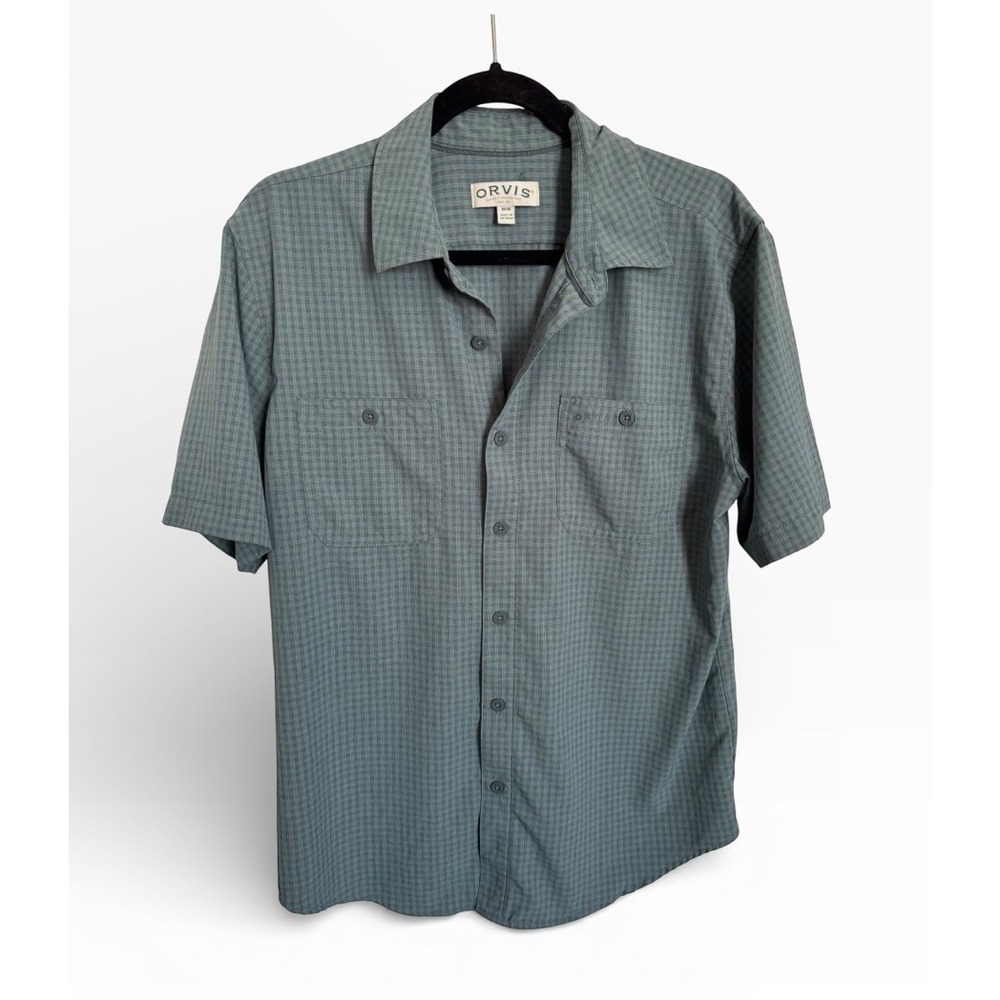 Orvis Short Sleeve Tech Shirt 2-pocketCollared Gray Subtle Checks Men's Size Med